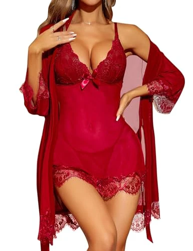 Sexy Lingerie for Women Lace Babydoll with Robe Nightdress Sleepwear Wine Red Medium