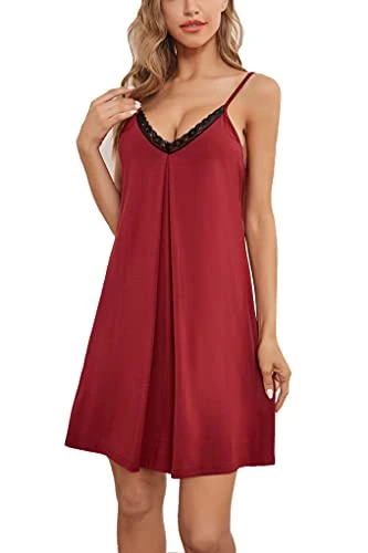 Women Lace Modal Sleepwear Chemises V-Neck Full Slip Babydoll Nightgown Wine Red,M