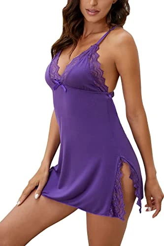 Women Full Slip Sexy Lace Chemise Modal Slip Dress V Neck Nightgown Camisole Mini Dress Purple,XXL