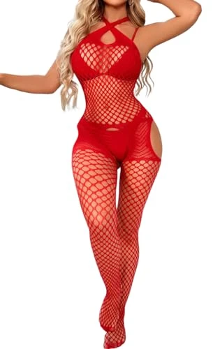 Fishnet Bodysuit Lingerie for Women Mesh Bodystocking Babydoll Nightwear Mini Dress One Size Teddy Lingerie Underwear Nightwear