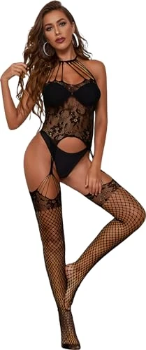 Fishnet Bodysuit Crotchless Body Suits for Women Mesh Bodystocking Babydoll Nightwear Mini Dress One Size Underwear