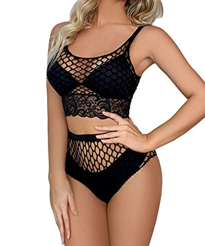 Womens Lingerie Set Fishnet Babydoll Bodysuit Sexy Nightwearr Sleepwear Nightdress(Black hb,one size)