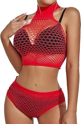 Womens Lingerie Set Fishnet Babydoll Bodysuit Sexy Nightwearr Sleepwear Nightdress(Red wb,one Size)