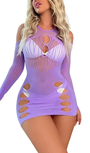 Women's Mesh Cut-Out Bodycon Dress Fishnet Halter Slips Lingerie Bodysuit Mini Dress Club Wear Party Dress Out Fits Chemise Nithtwear (Purple)