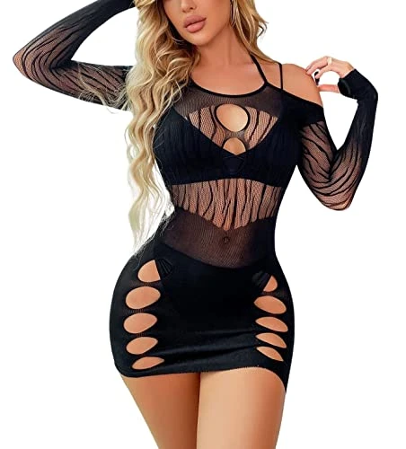 Women's Mesh Cut-Out Bodycon Dress Fishnet Halter Slips Lingerie Bodysuit Mini Dress Club Wear Party Dress Out Fits Chemise Nithtwear (Black)