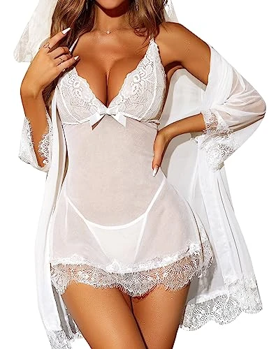 Sexy Lingerie for Women Lace Babydoll with Robe Nightdress Sleepwear Whtie Large White