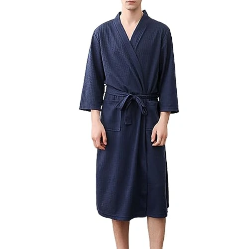 Men's Cotton Waffle Pique Sauna Gown Lightweight Long Dressing Gown Cotton Sleeping Gown V-Neck Kimono Robes Long Sleepwear Outdoor Waffle Bathrobe Medium Length, navy, 3XL