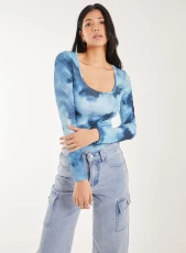 Tie Dye Printed Bodysuit  - L  - BLUE