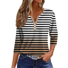 Women 3/4 Sleeve Striped Shirt V Neck Button Down Shirts Vintage Color Block T Shirt Plus Size Blous