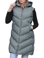 Women's Padded Long Plain Hooded Gilet Bodywarmer Sleeveless Quilted Jacket With Pockets Outwear