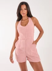 Linen Style Halter Playsuit  - 6  - PINK