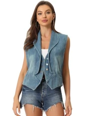 Women's Denim Vest Casual Collar Button Down Waistcoat Distressed Sleeveless Jean Jacket Grey Blue S