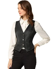 Women's Denim Gilet Vest V Neck Button Down Sleeveless Casual Jean Gilets Black S