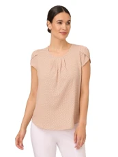 Women's Short Sleeve Printed Top with Pleated Details, Champagne Small Dot, L