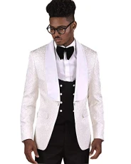 Men's 3 Piece Shawl Lapel Men Suits Printed Slim Fit Wedding Tuxedos(Blazer+Vest+Pant)(W