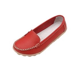 Women Casual Comfortable PU Leather Work Flat Loafer Slip-On Shoes (EU 35, Red)