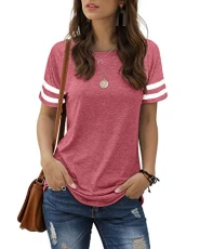 Summer Tops for Women Striped Sleeve T Shirts Ladies Side Split Casual Tee Pink Size 14-16