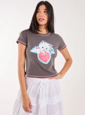 Kitten Print Baby Tee  - S/M  - Slate