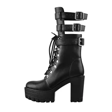 Women's Platform Lace Up Chunky High Heel Mid Calf Boots Round Toe Anti-Slip Comfort Track Sole Buck