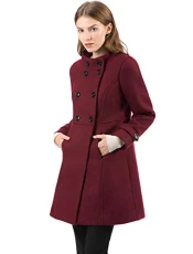 Women's Stand Collar Double Breasted Slant Pockets Outwear Winter Coat Burgundy M