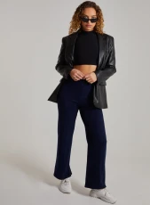 Soft Wide Brushed Ribbed Flared Trousers  - S  - Navy