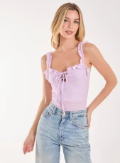 Ditsy Floral Frill Tie Front Bodysuit  - M  - Lilac