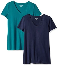 Amazon Essentials Women's Classic-Fit Short-Sleeve V-Neck T-Shirt, Pack of 2, Dark Green/Navy, XL