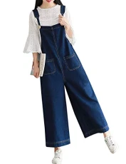 Women's Loose Baggy Wide Leg Cropped Denim Jumpsuit Casual Overalls (UK 16, Dark Blue)