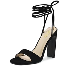 Women's Shoes Faux Nubuck or Faux Leather Strappy Tie Leg Open Toe Heeled Sandals SH175, Black, 7 UK