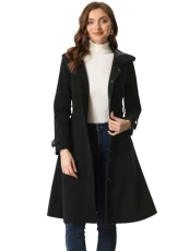 Winter Coat for Women's Single Breasted Trench Coat Pockets Hooded Long Sleeve Overcoat Black XL