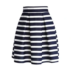 Women's Adorable Navy and White Stripe Pleated A-Line Midi Prom Party Skirt, Black, X-Small