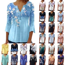 Cocila Women Shirts Blouse Sale Clearance Elegant Vinatge Button White Blouse Floral Print Tunic Tops Short Sleeve V Neck