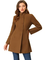 Women's Elegant Winter Overcoat Mid-thigh Stand Collar Single Breasted Long Coat Brown XS