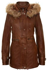 Women's Tan Warm Leather Jacket Detachable Hooded Parker Trench Coat M