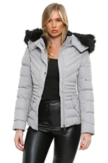 Womens Winter Jacket Ladies Quilted Coat Faux Fur Hooded Padded Parka Warm Jackets