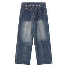 Men's Casual Baggy Jeans Hip Hop Wide-Leg Cargo Jeans Retro Washed Denim Jeans Straight Loose Fit Streetwear Skate Pants Blue