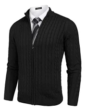 Men's Full Zip Cardigan Sweater Slim Fit Cable Knitted Zip Up Sweater with Pockets, Black,