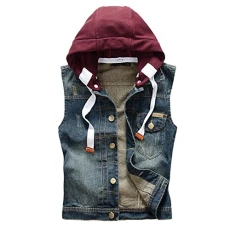 Men's Vintage Cool Motorcycle Denim Sleeveless Lapel Hooded Jacket Vest Waistcoat Gilet Hoodie Remov