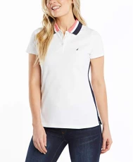 Women's Classic Fit Striped Collar Stretch Cotton Polo Shirt, Bright White, S UK