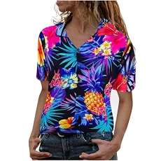 Funky Frontpocket Women's Print Hawaiian Pineapple Flowers Blouse Shirt Leaves Women Shirts Women Pl