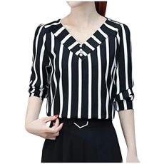 Women's Long Sleeve Vertical Striped T Shirt Women's Chic V Neck Blouse Tunic Multicolour S-XXL Simple Stripe 3/4 Sleeve Spring for Women, Black, L