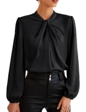 Ladies Long Sleeve Tops Women Knotted Neck Elegant Work Office Business Blouse Loose Fit Shirt Black