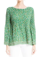 Women's Crepe Pleated Blouse, Green/Gold Lily Fields, S