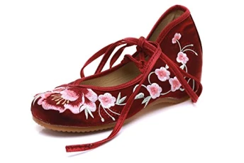 Women Lady Vintage Chinese Style Embroidery Lace Up Flats Casual Dancing Walking Shoes Wine Red