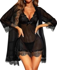 Sexy Lingerie for Women Lace Babydoll with Robe Nightdress Sleepwear Black XX Large