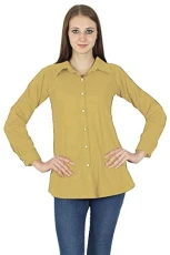 Casual Long Sleeves Boho Top for Women Shirt Collar Solid Summer Cotton Tunic Tops Light Brown