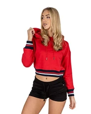 Womens Cropped Baggy Pullover Hoodie Colored Stripe Ribbed Hem & Cuffs Sweatshirt Top (10, Red)