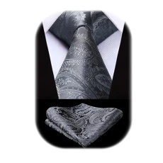 Mens Solid Grey Paisley Wedding Tie Handkerchief Men's Necktie & Pocket Square Set For Wedding