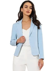 Women's Open Front Office Work Business Casual Lightweight Summer Crop Suit Blazer, Sky Blue-solid, 