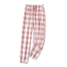 Fleece Pyjamas Women, Plaid Pyjama Bottoms, Casual Checkered Pajama with Pockets, Elastic Waist Wide Leg Sleepwear Women, Straight Loose Trousers for Women UK, Baggy Loungewear, Soft Joggers Pink